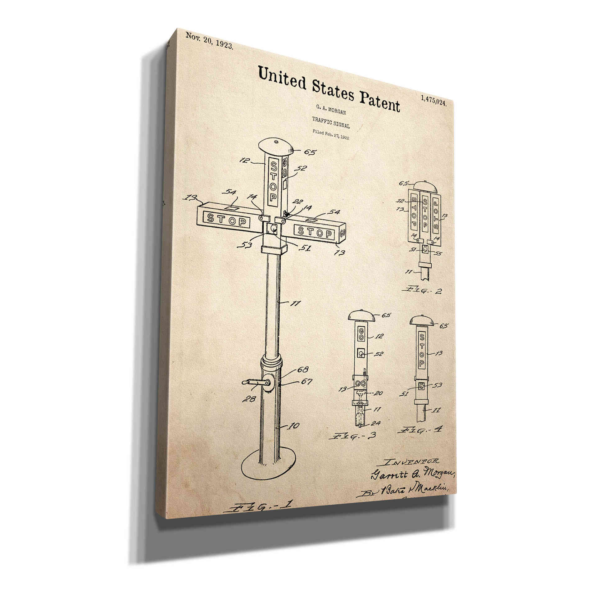 'Vintage Traffic Signal  Blueprint Patent Parchment,' Canvas Wall Art,12x16x1.1x0,18x26x1.1x0,26x34x1.74x0,40x54x1.74x0