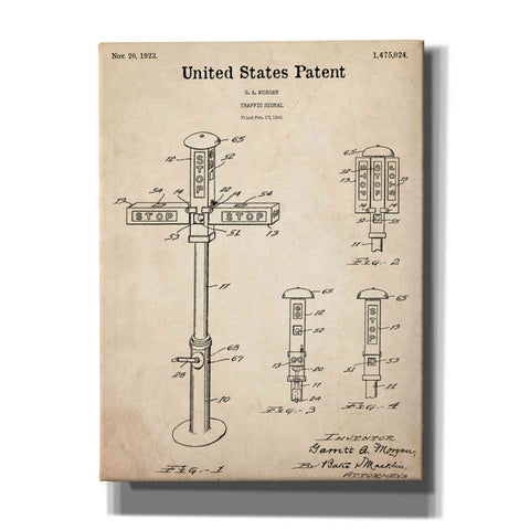 Image of 'Vintage Traffic Signal  Blueprint Patent Parchment,' Canvas Wall Art,12x16x1.1x0,18x26x1.1x0,26x34x1.74x0,40x54x1.74x0