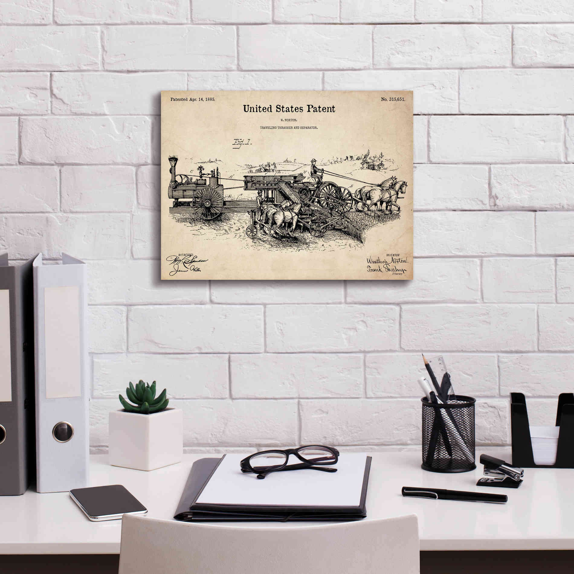 'Traveling Thrasher Blueprint Patent Parchment,' Canvas Wall Art,16 x 12