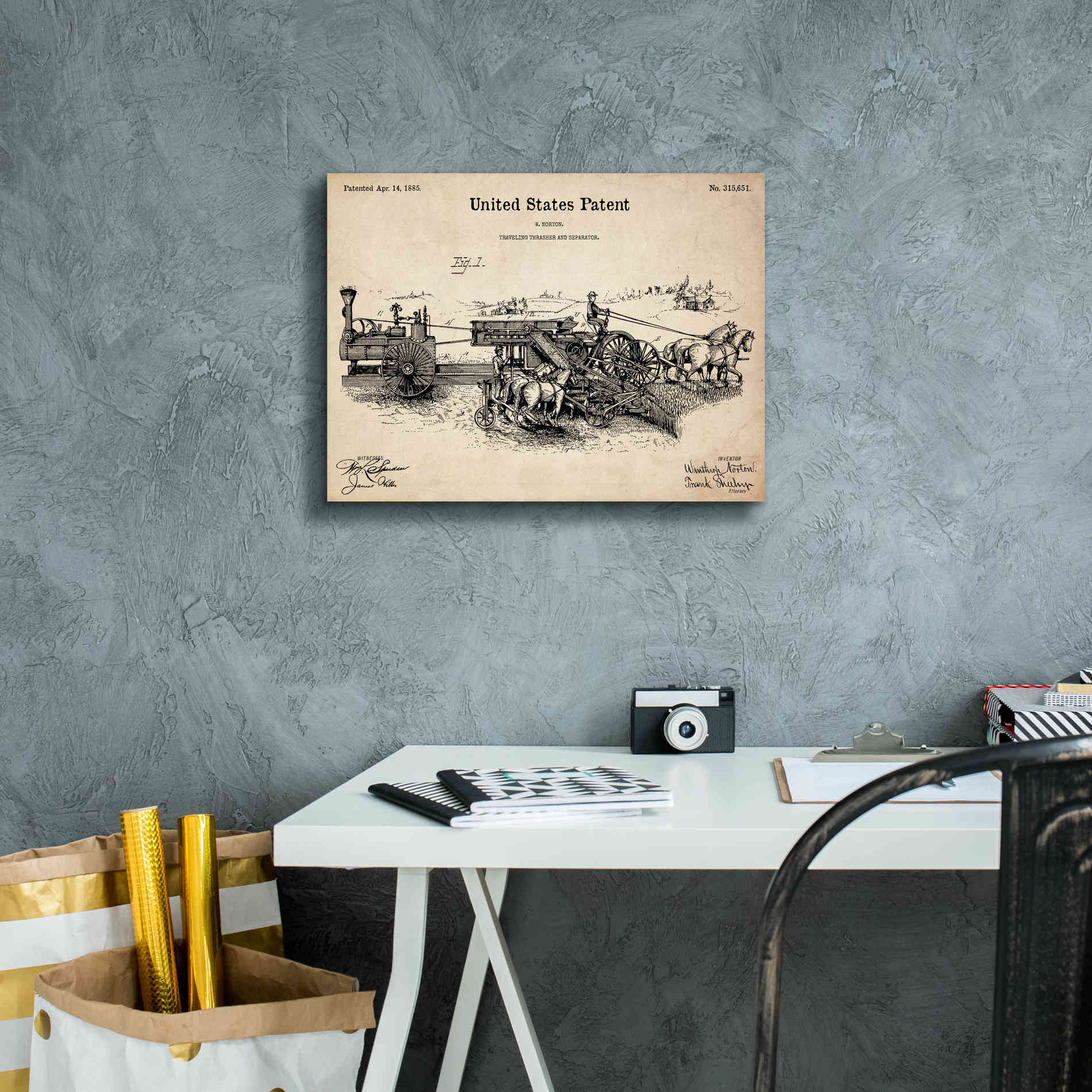 'Traveling Thrasher Blueprint Patent Parchment,' Canvas Wall Art,16 x 12