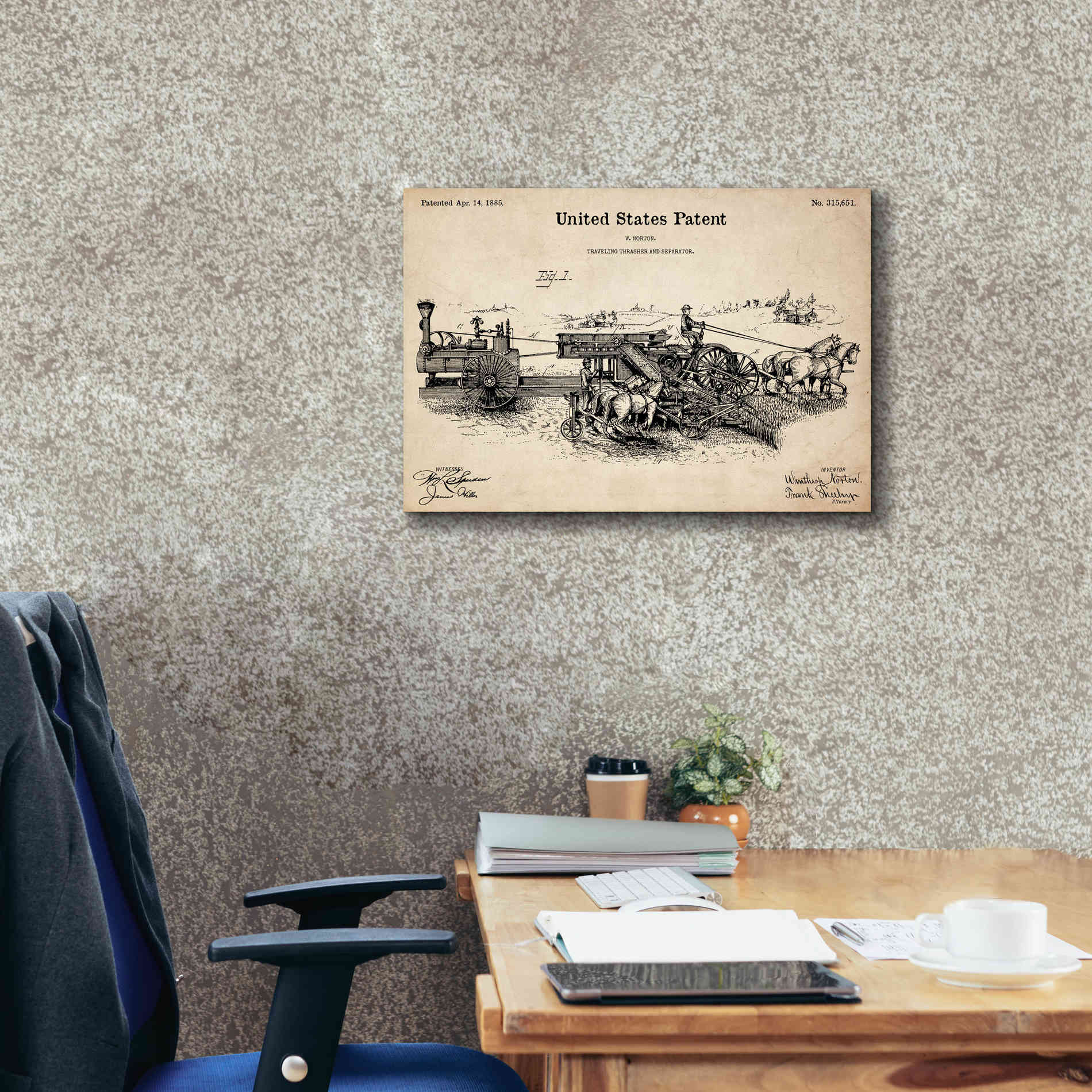 'Traveling Thrasher Blueprint Patent Parchment,' Canvas Wall Art,26 x 18