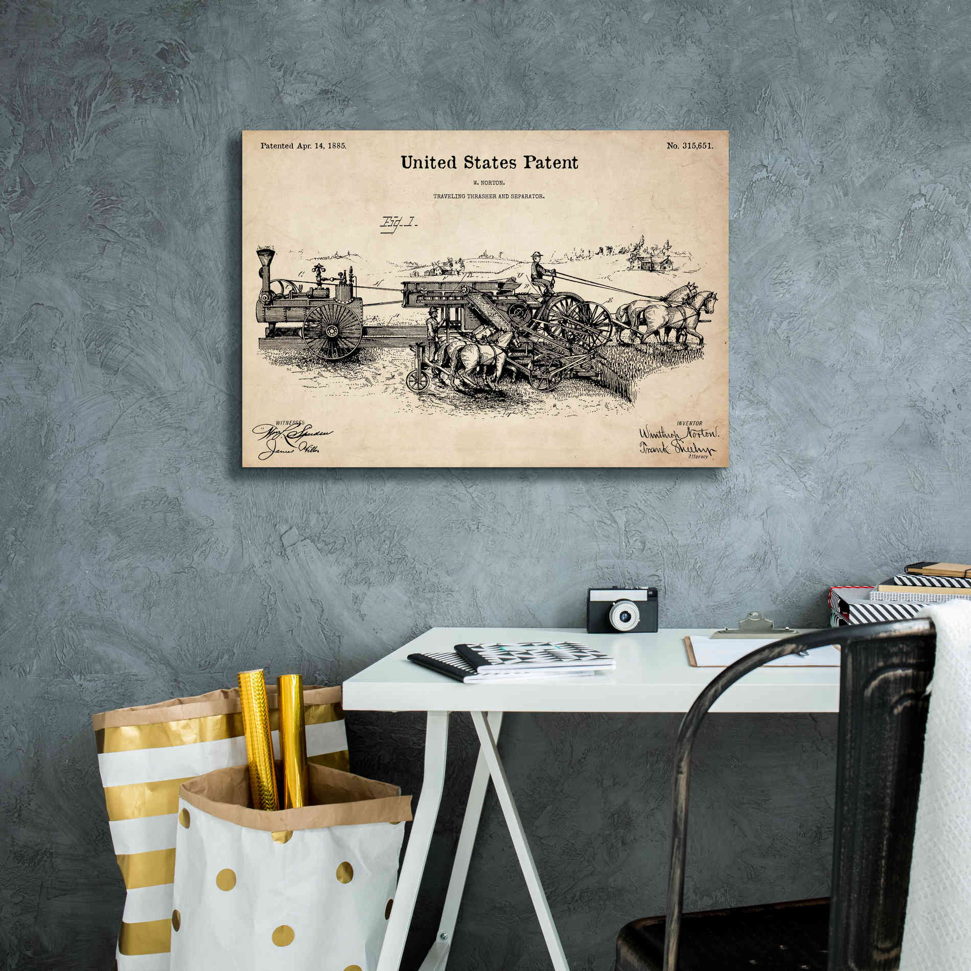 'Traveling Thrasher Blueprint Patent Parchment,' Canvas Wall Art,26 x 18