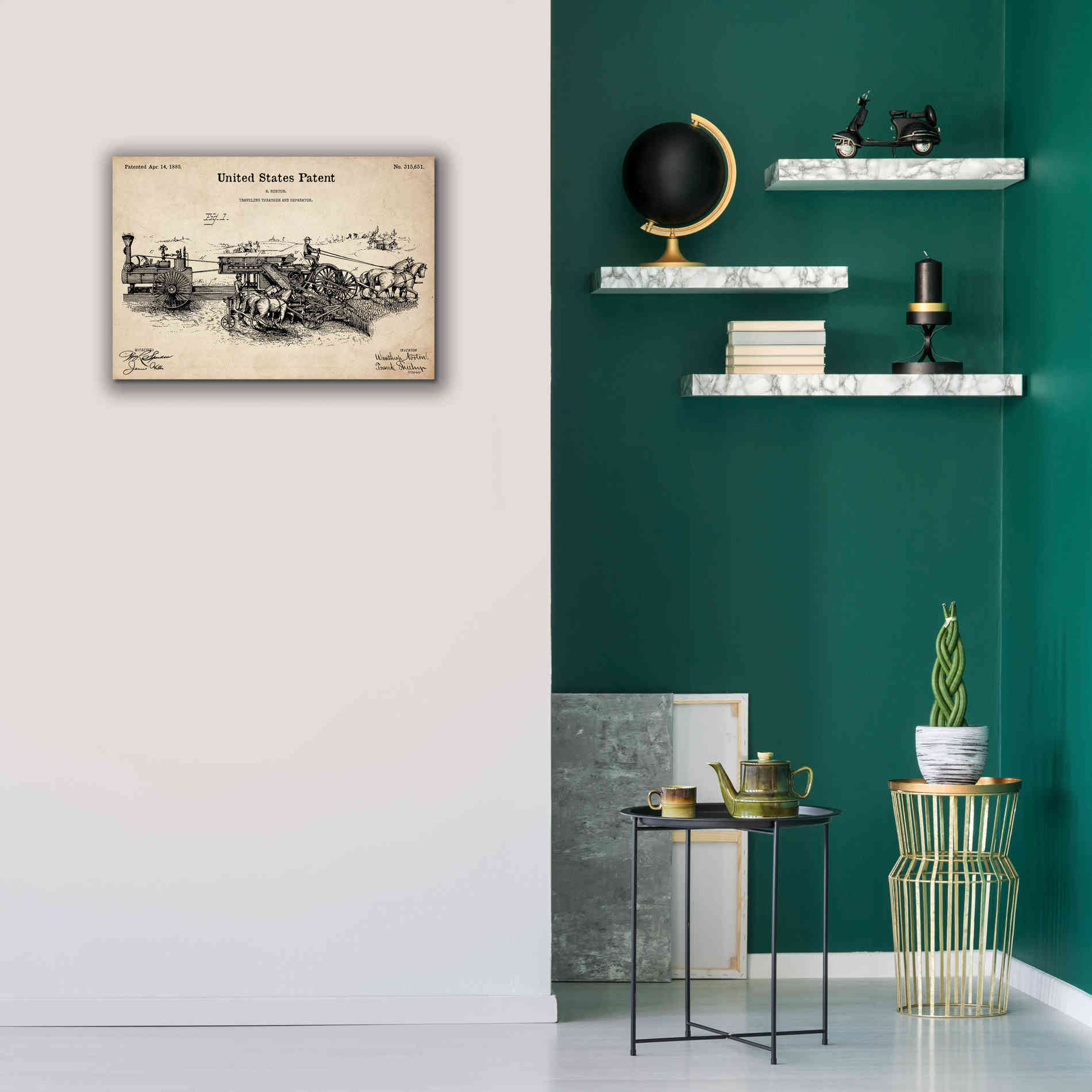 'Traveling Thrasher Blueprint Patent Parchment,' Canvas Wall Art,26 x 18