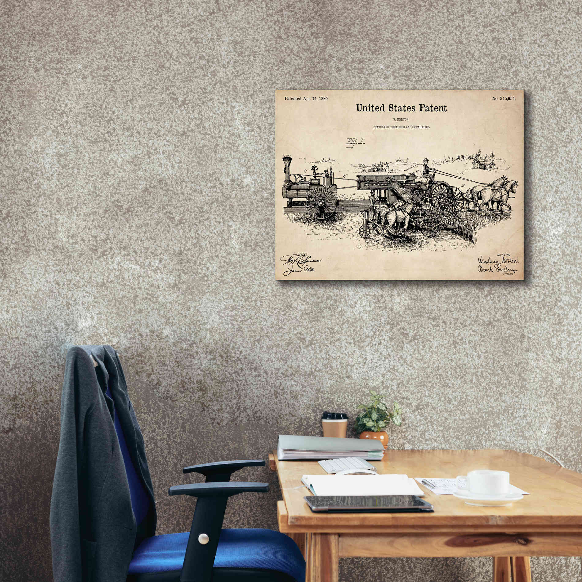 'Traveling Thrasher Blueprint Patent Parchment,' Canvas Wall Art,34 x 26
