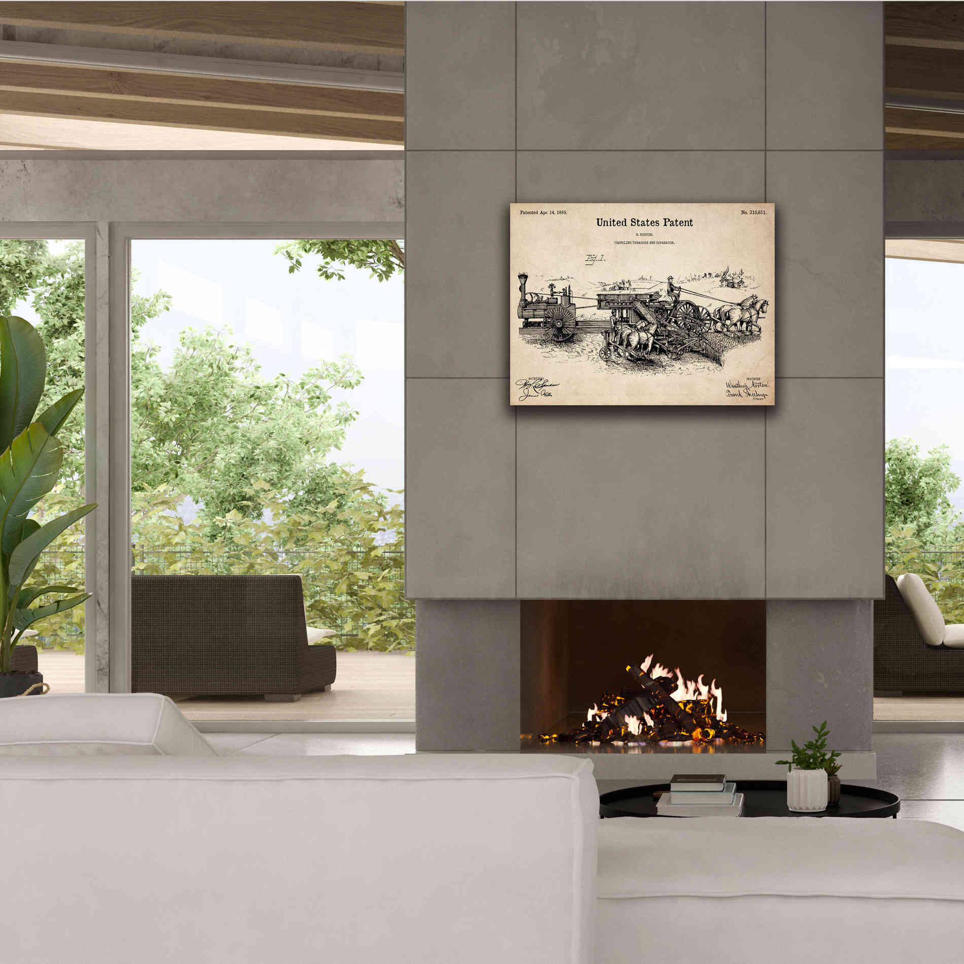 'Traveling Thrasher Blueprint Patent Parchment,' Canvas Wall Art,34 x 26