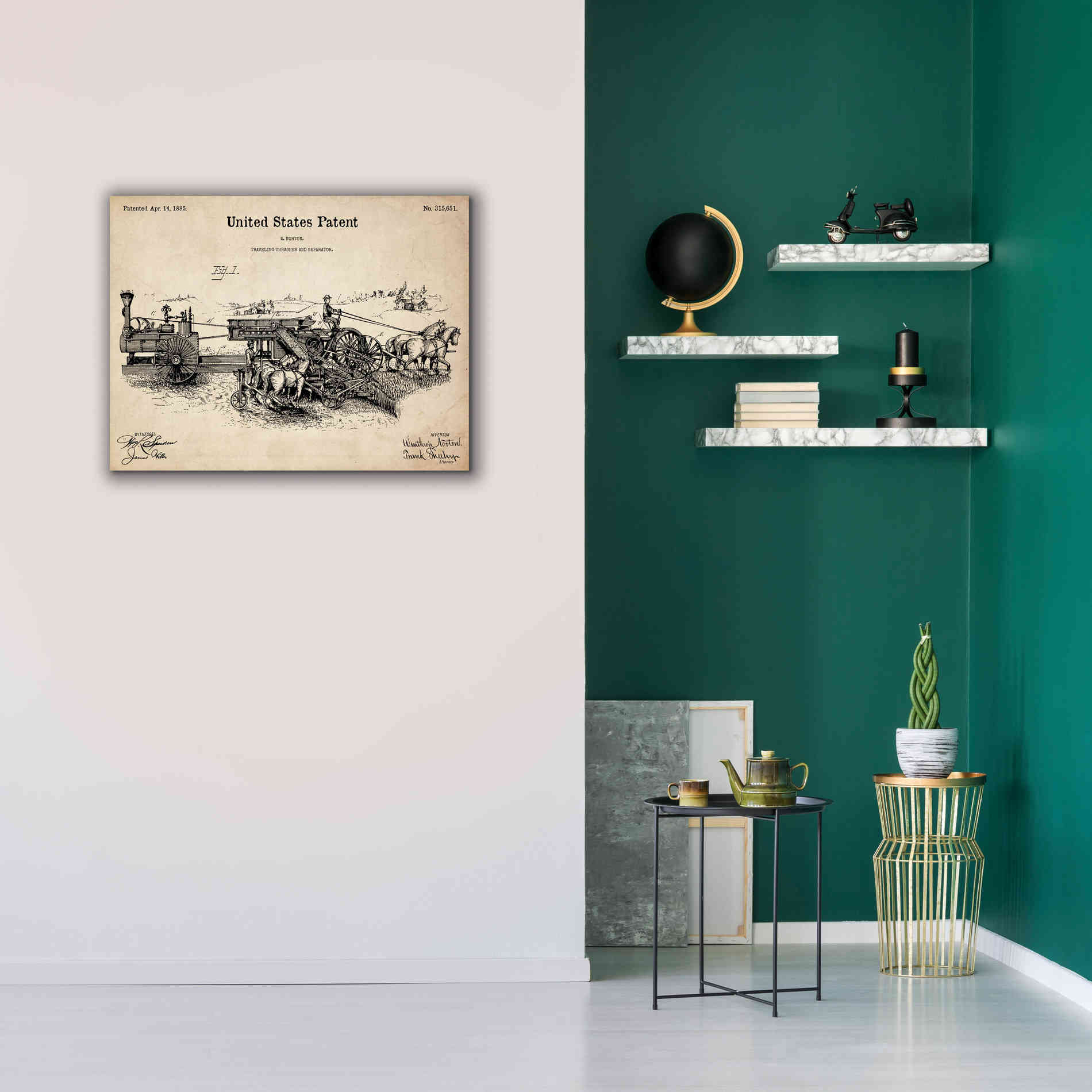 'Traveling Thrasher Blueprint Patent Parchment,' Canvas Wall Art,34 x 26