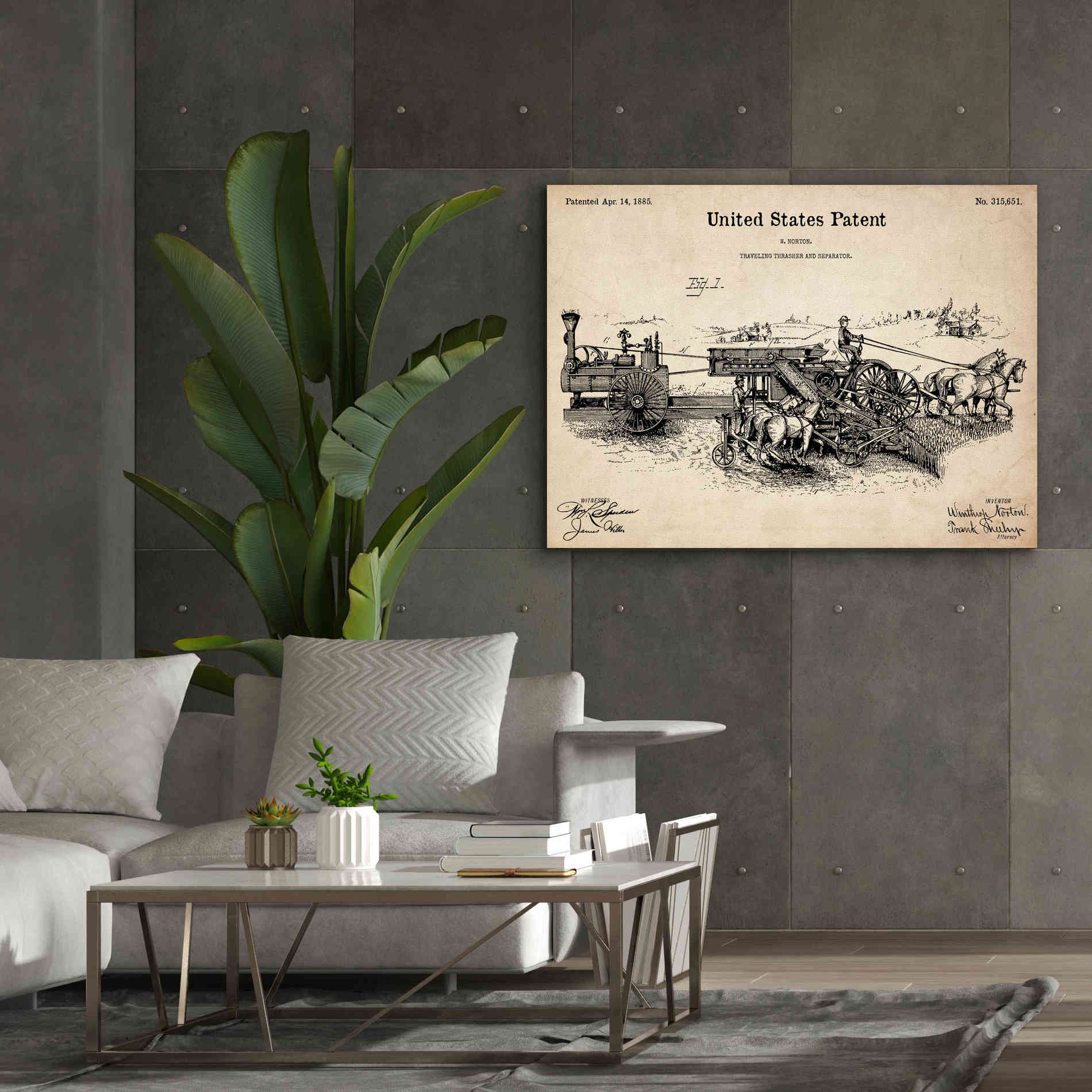 'Traveling Thrasher Blueprint Patent Parchment,' Canvas Wall Art,54 x 40