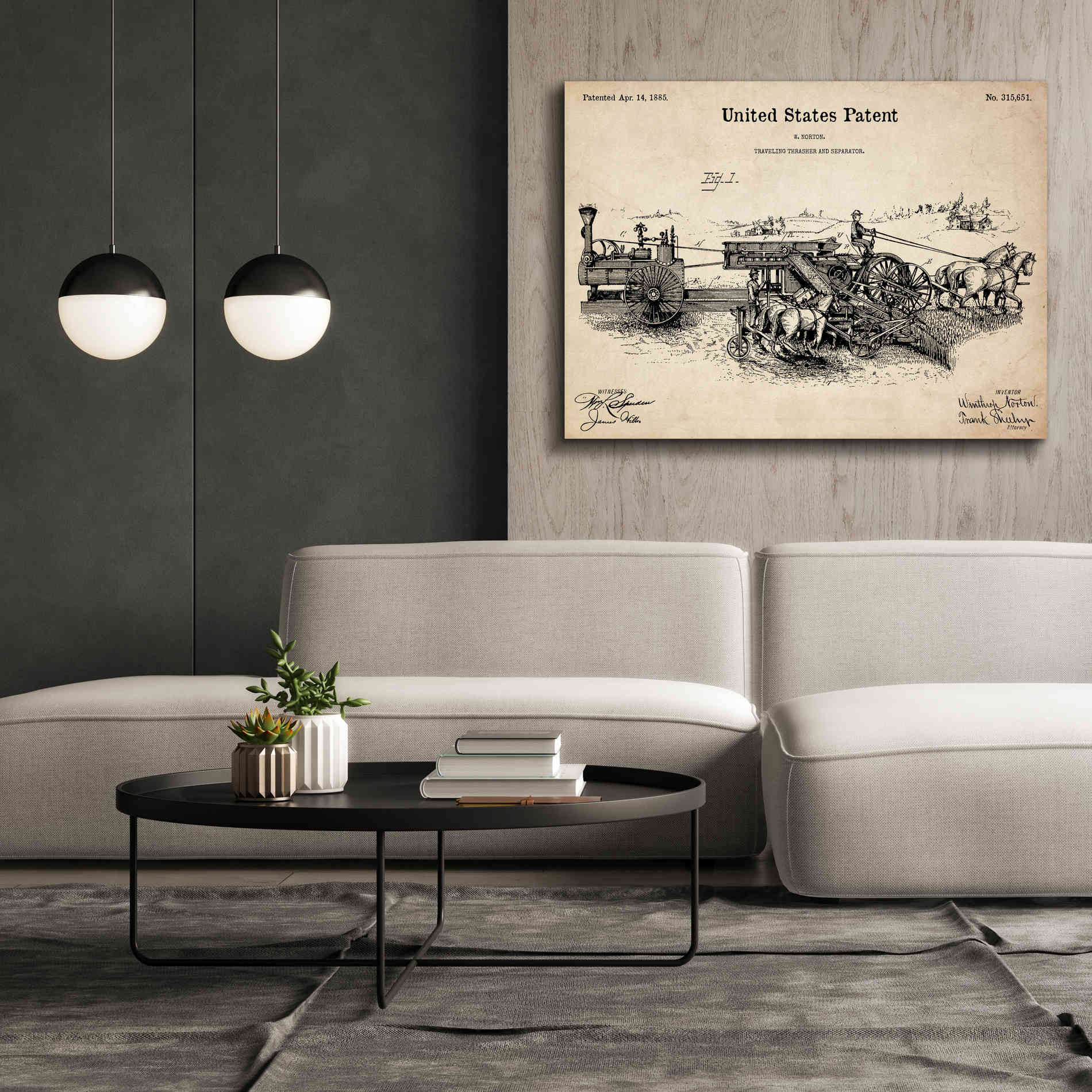 'Traveling Thrasher Blueprint Patent Parchment,' Canvas Wall Art,54 x 40