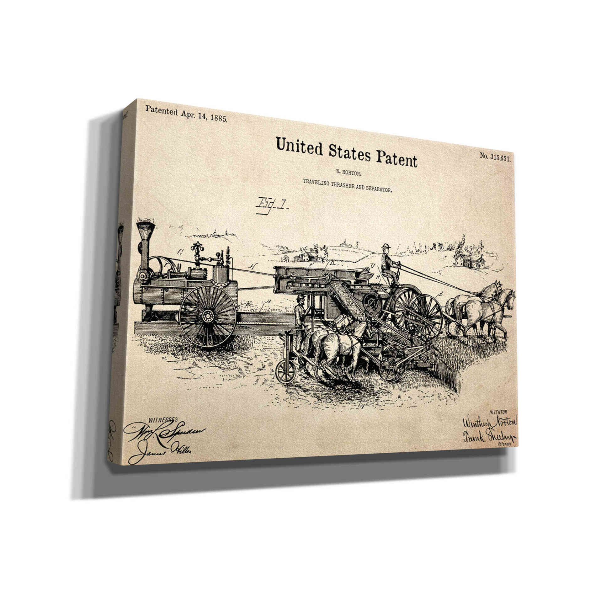 'Traveling Thrasher Blueprint Patent Parchment,' Canvas Wall Art,16x12x1.1x0,26x18x1.1x0,34x26x1.74x0,54x40x1.74x0