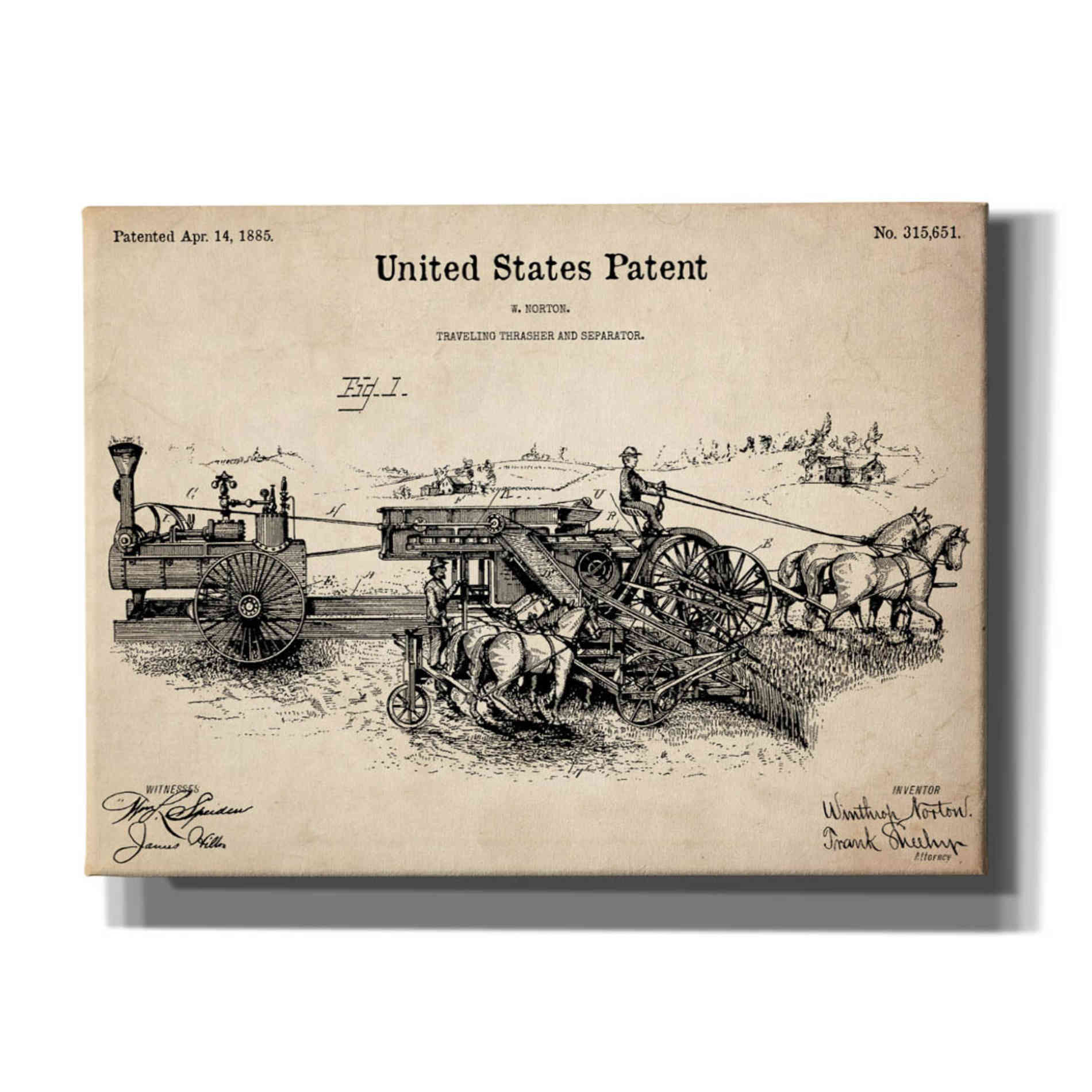 'Traveling Thrasher Blueprint Patent Parchment,' Canvas Wall Art,16x12x1.1x0,26x18x1.1x0,34x26x1.74x0,54x40x1.74x0