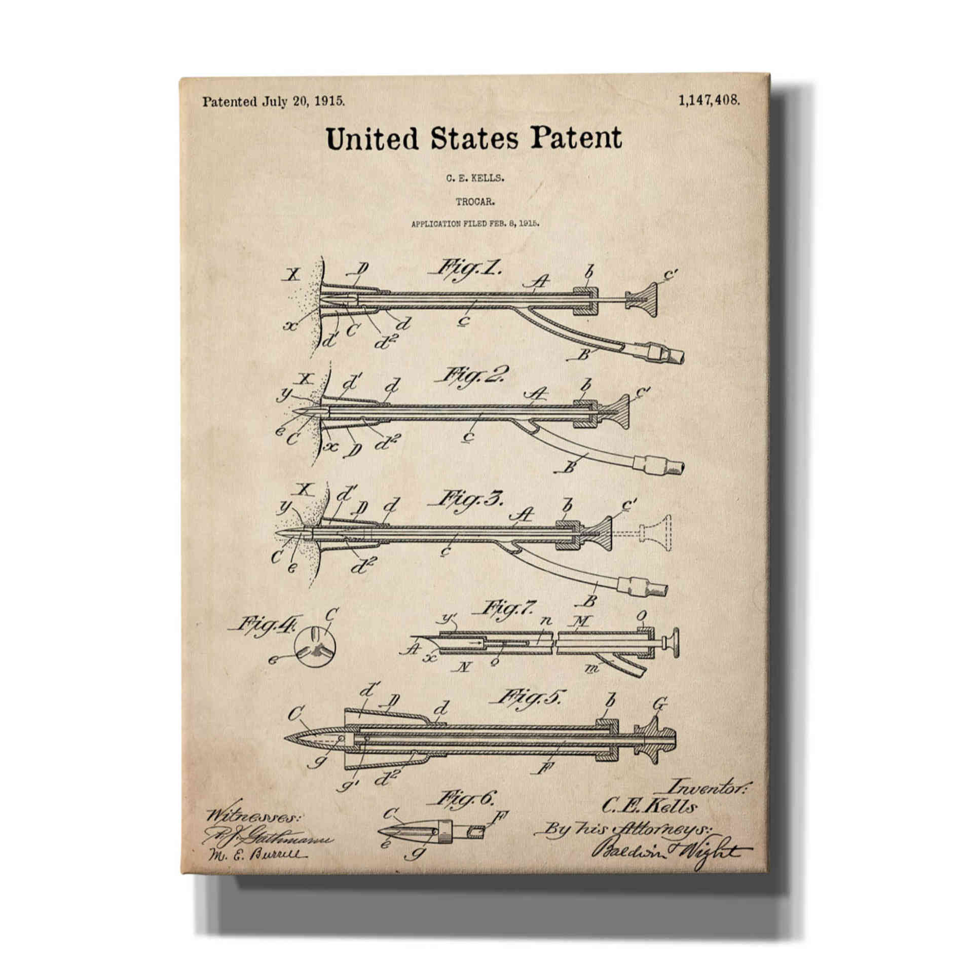 'Trocar Blueprint Patent Parchment,' Canvas Wall Art,12x16x1.1x0,18x26x1.1x0,26x34x1.74x0,40x54x1.74x0
