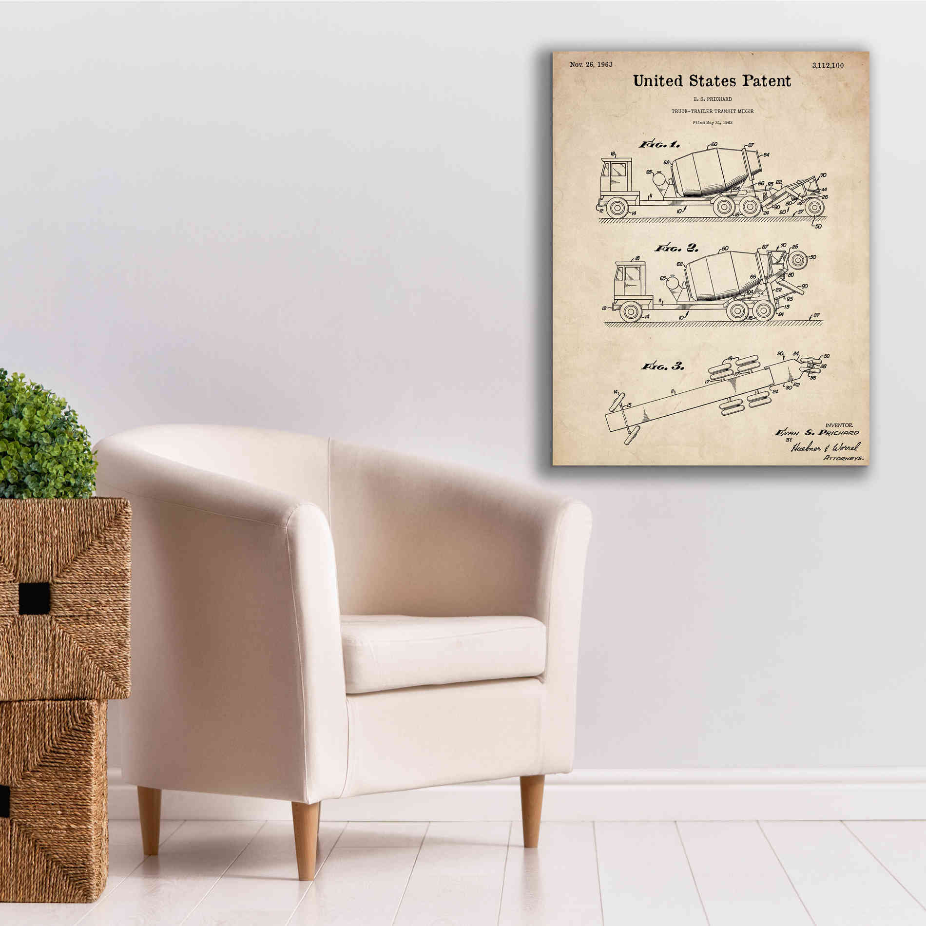 'Truck Trailer Transit Mixer Blueprint Patent Parchment,' Canvas Wall Art,26 x 34