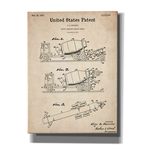 Image of 'Truck Trailer Transit Mixer Blueprint Patent Parchment,' Canvas Wall Art,12x16x1.1x0,18x26x1.1x0,26x34x1.74x0,40x54x1.74x0