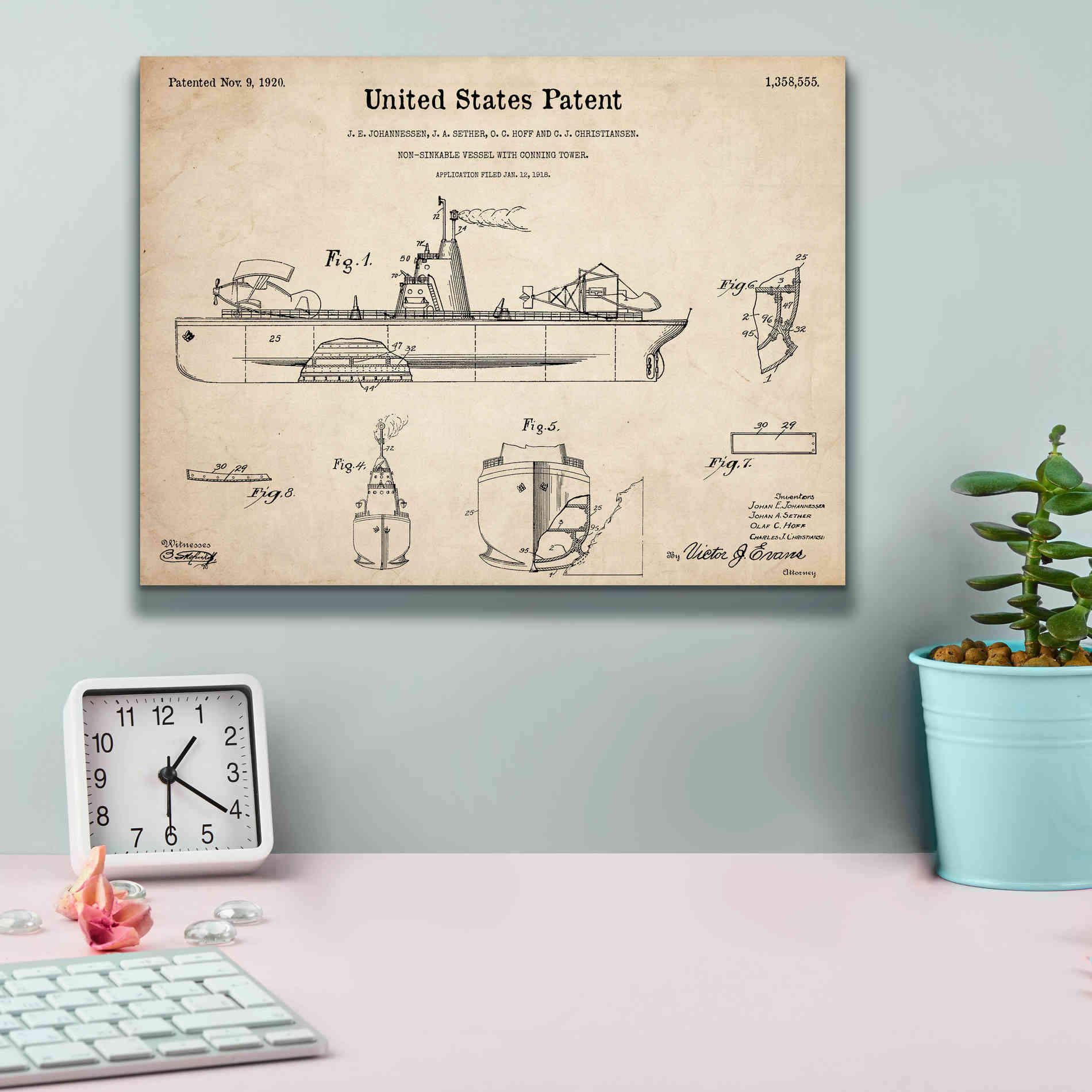 'Non-Sinkable Vessel Blueprint Patent Parchment,' Canvas Wall Art,16 x 12