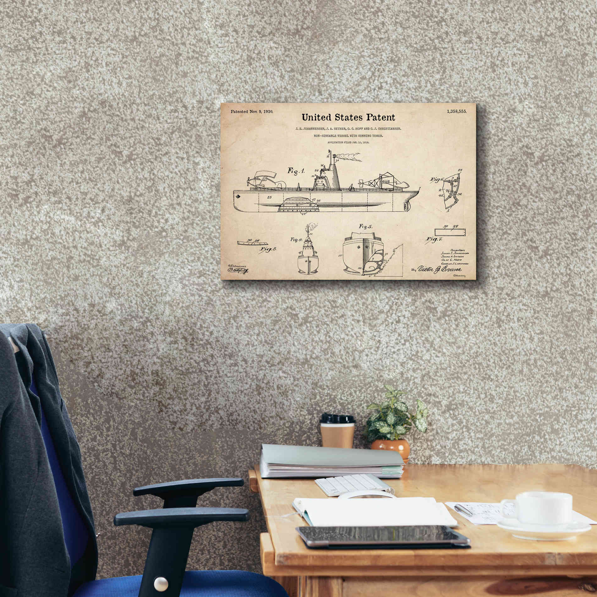 'Non-Sinkable Vessel Blueprint Patent Parchment,' Canvas Wall Art,26 x 18
