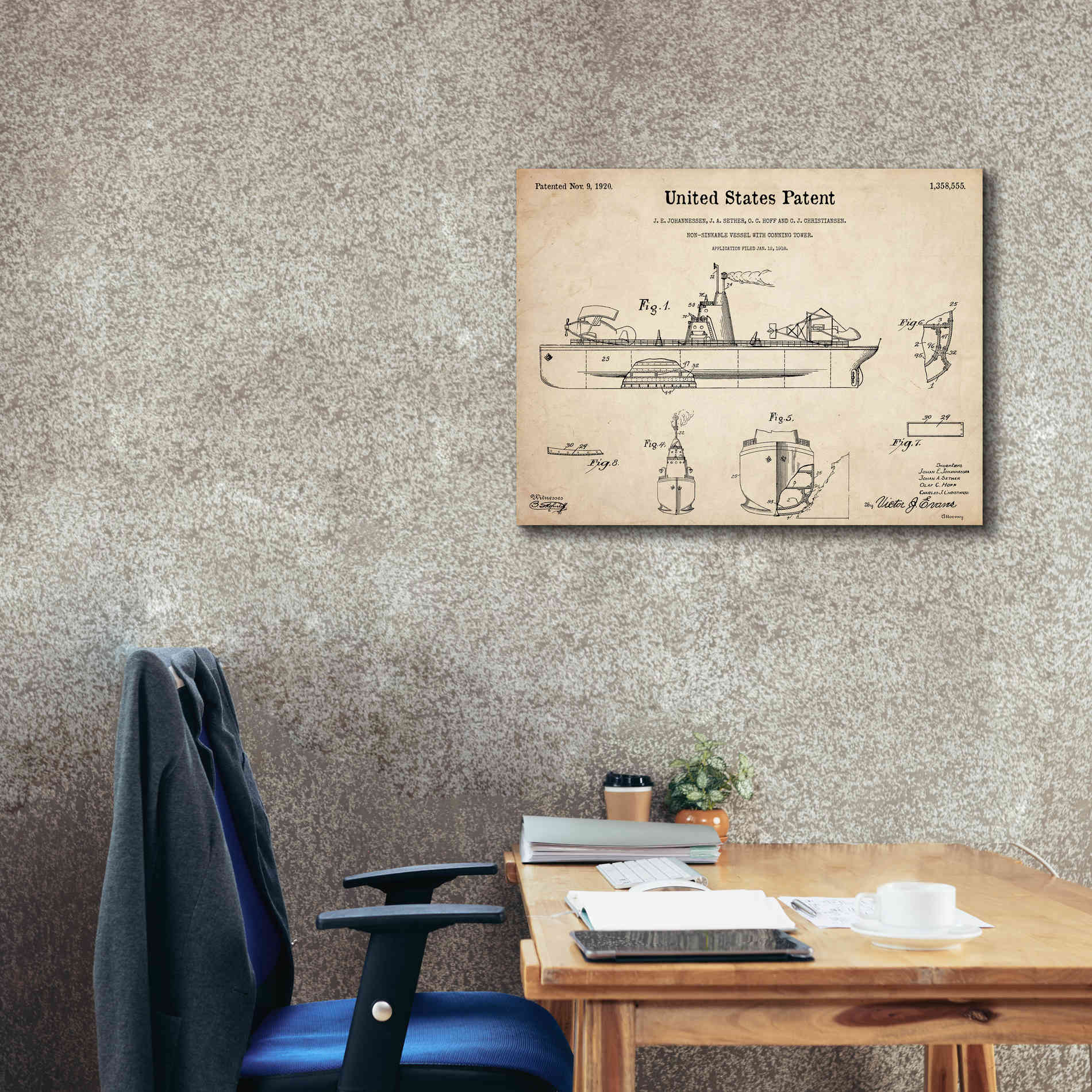 'Non-Sinkable Vessel Blueprint Patent Parchment,' Canvas Wall Art,34 x 26