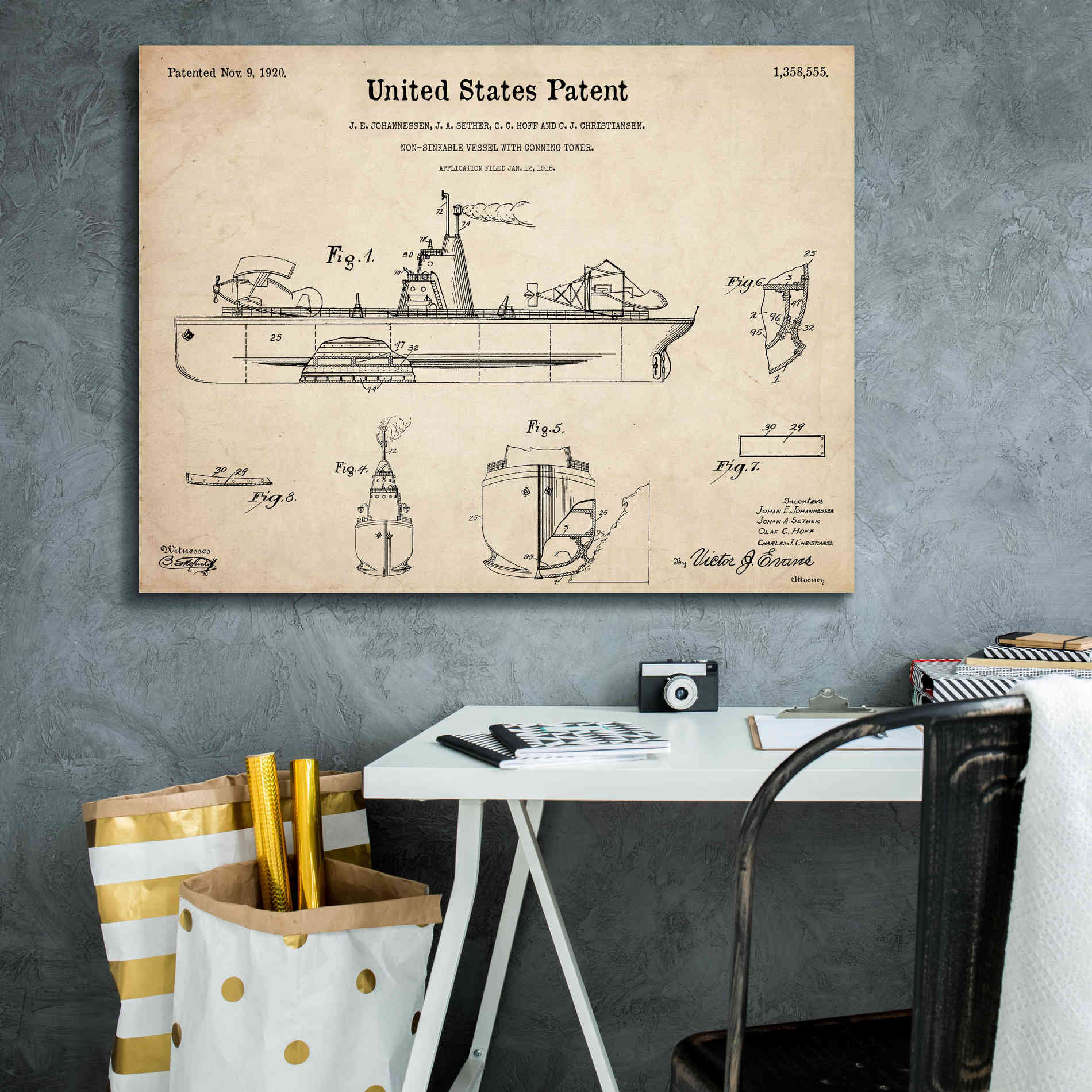 'Non-Sinkable Vessel Blueprint Patent Parchment,' Canvas Wall Art,34 x 26