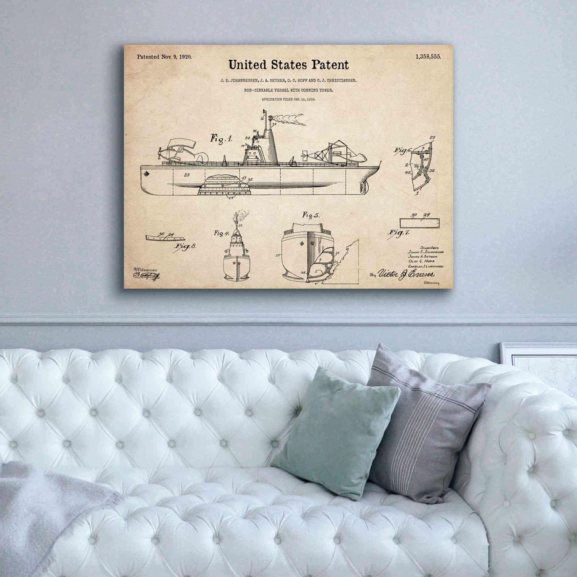 'Non-Sinkable Vessel Blueprint Patent Parchment,' Canvas Wall Art,54 x 40