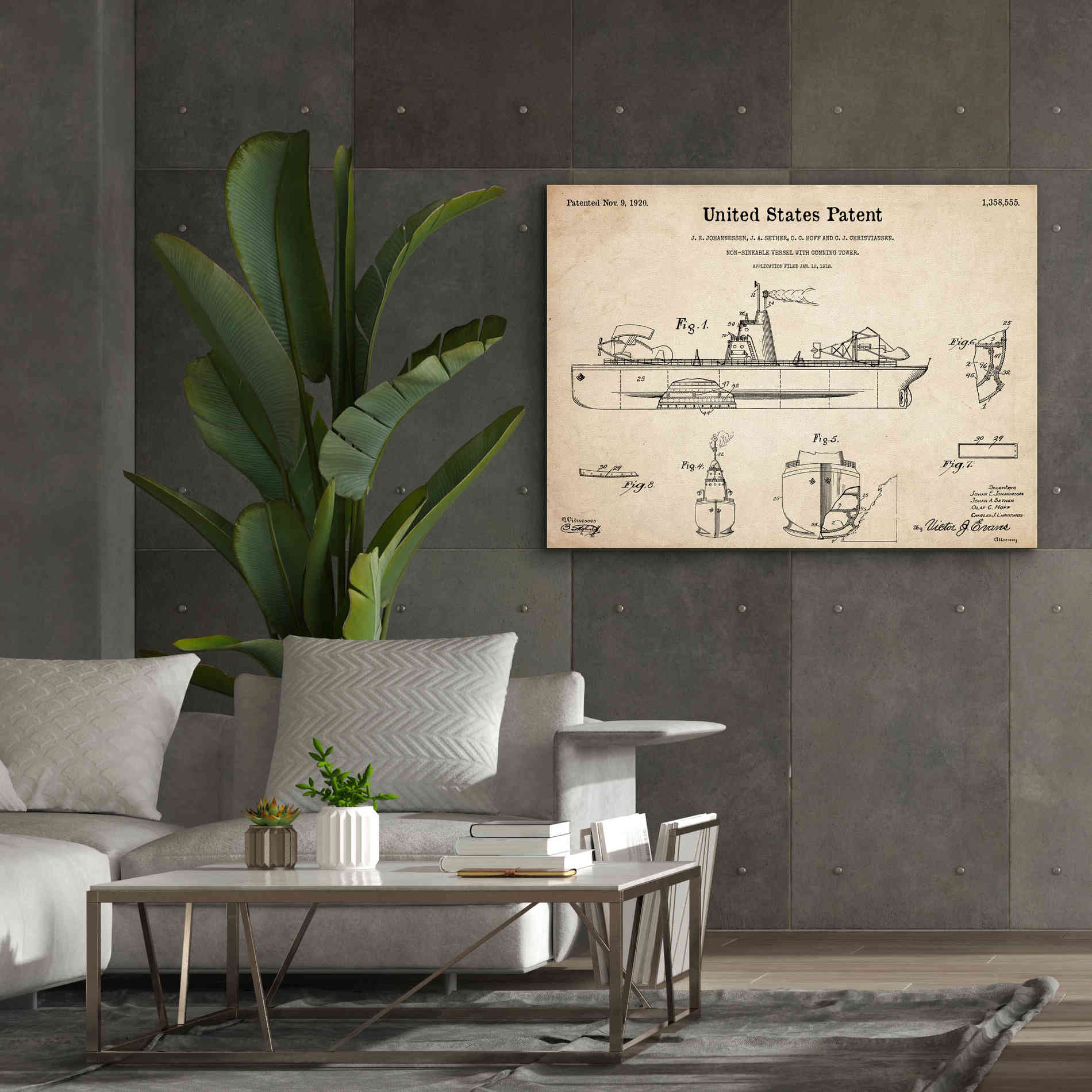 'Non-Sinkable Vessel Blueprint Patent Parchment,' Canvas Wall Art,54 x 40