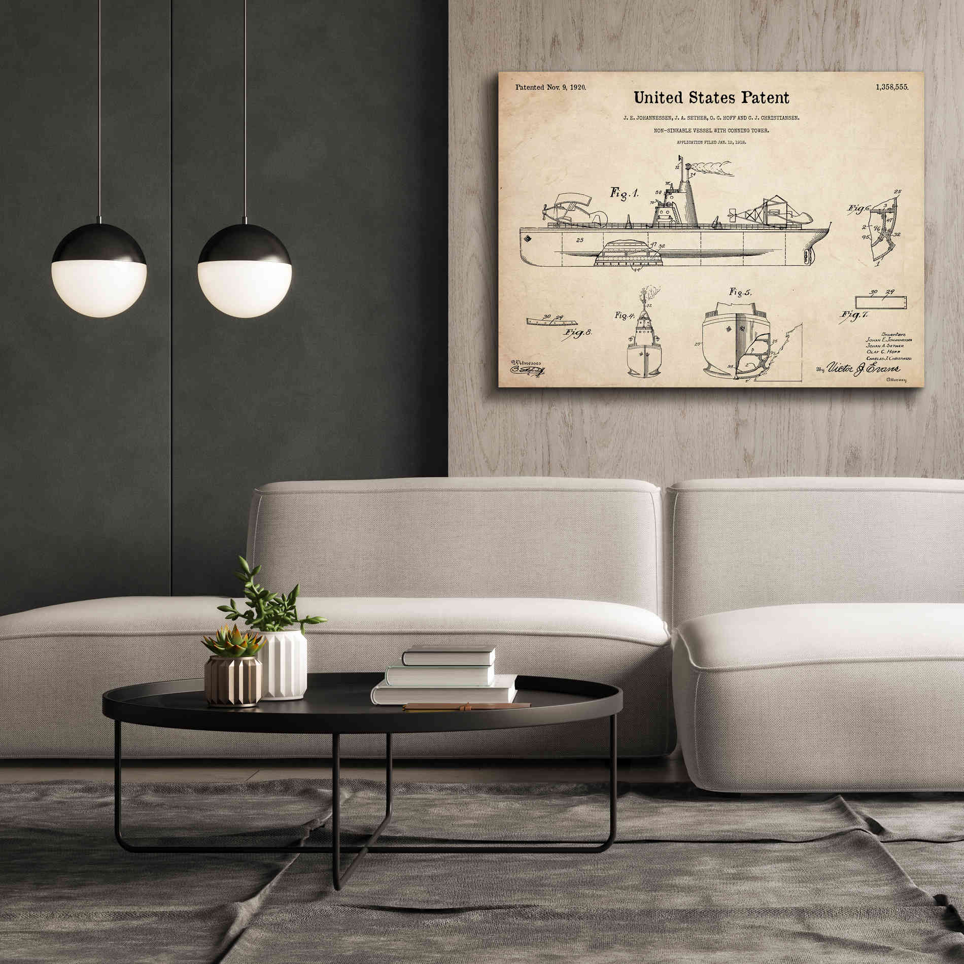 'Non-Sinkable Vessel Blueprint Patent Parchment,' Canvas Wall Art,54 x 40