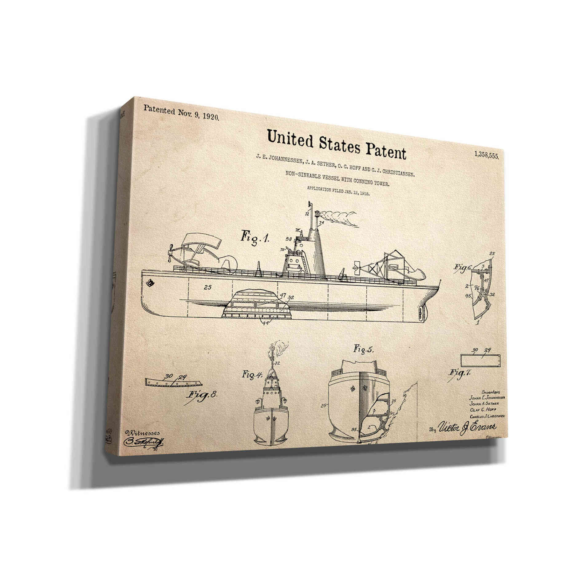 'Non-Sinkable Vessel Blueprint Patent Parchment,' Canvas Wall Art,16x12x1.1x0,26x18x1.1x0,34x26x1.74x0,54x40x1.74x0