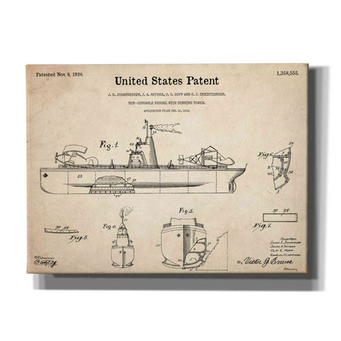 Image of 'Non-Sinkable Vessel Blueprint Patent Parchment,' Canvas Wall Art,16x12x1.1x0,26x18x1.1x0,34x26x1.74x0,54x40x1.74x0
