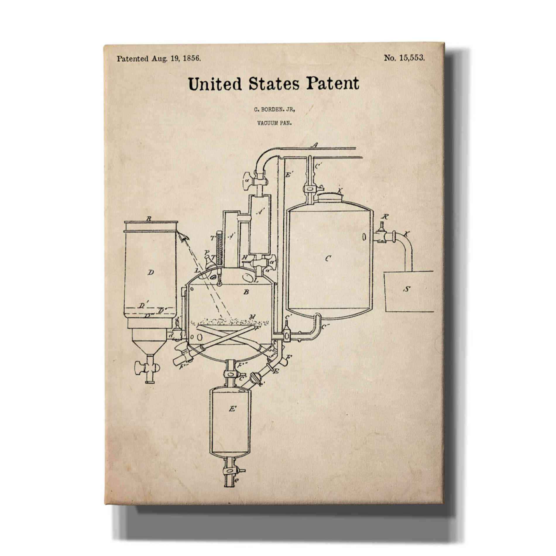 'Vacuum Pan Blueprint Patent Parchment,' Canvas Wall Art,12x16x1.1x0,18x26x1.1x0,26x34x1.74x0,40x54x1.74x0
