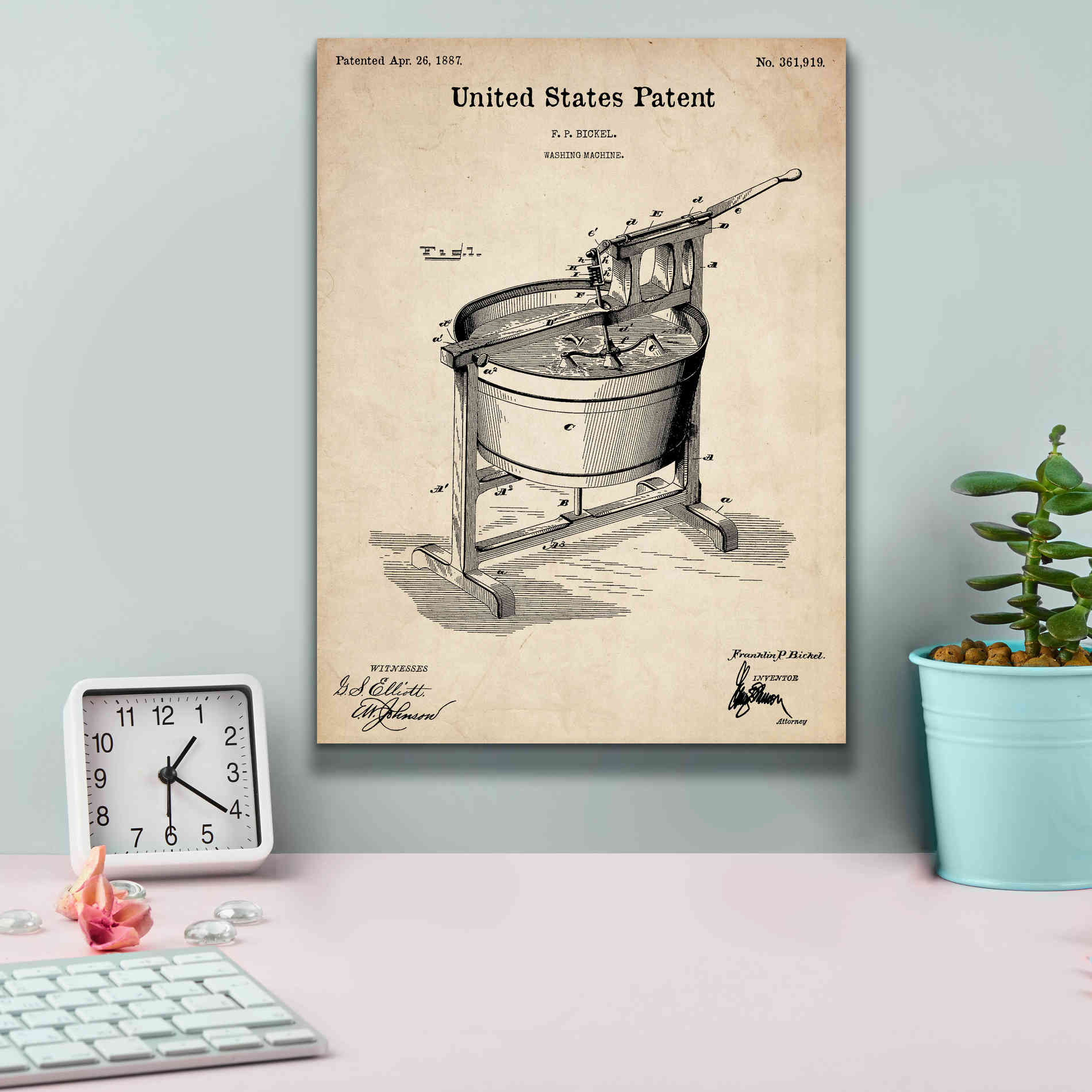 'Washing Machine Blueprint Patent Parchment,' Canvas Wall Art,12 x 16