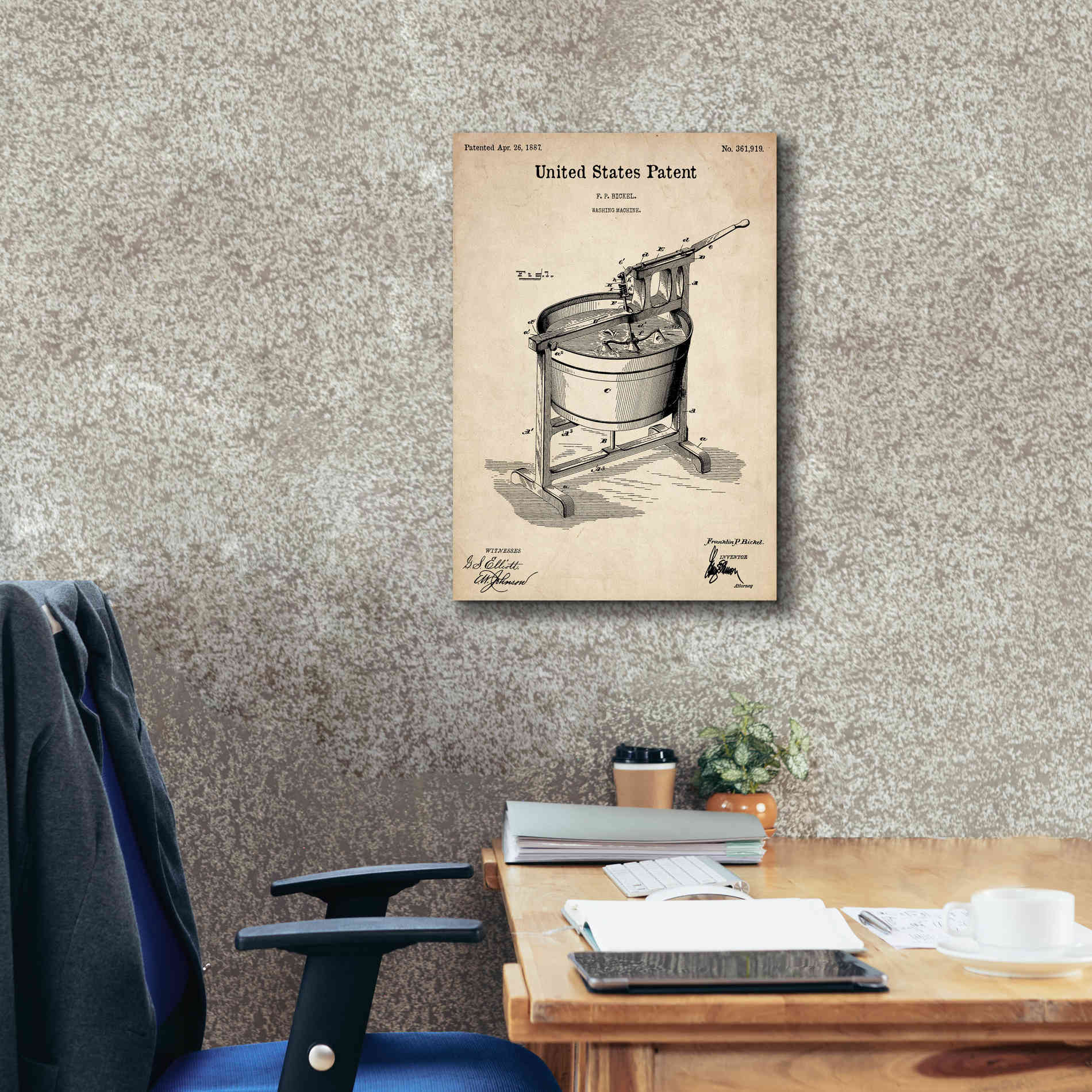 'Washing Machine Blueprint Patent Parchment,' Canvas Wall Art,18 x 26