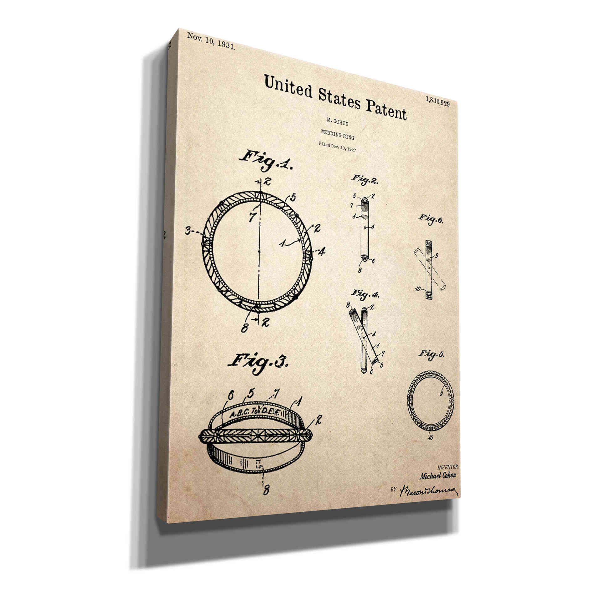 'Wedding Ring Blueprint Patent Parchment,' Canvas Wall Art,12x16x1.1x0,18x26x1.1x0,26x34x1.74x0,40x54x1.74x0