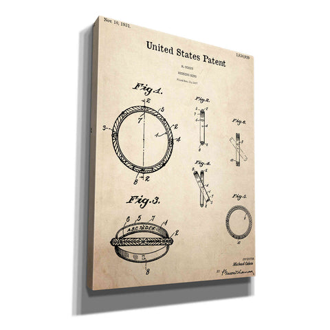 Image of 'Wedding Ring Blueprint Patent Parchment,' Canvas Wall Art,12x16x1.1x0,18x26x1.1x0,26x34x1.74x0,40x54x1.74x0