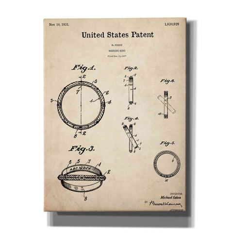 Image of 'Wedding Ring Blueprint Patent Parchment,' Canvas Wall Art,12x16x1.1x0,18x26x1.1x0,26x34x1.74x0,40x54x1.74x0