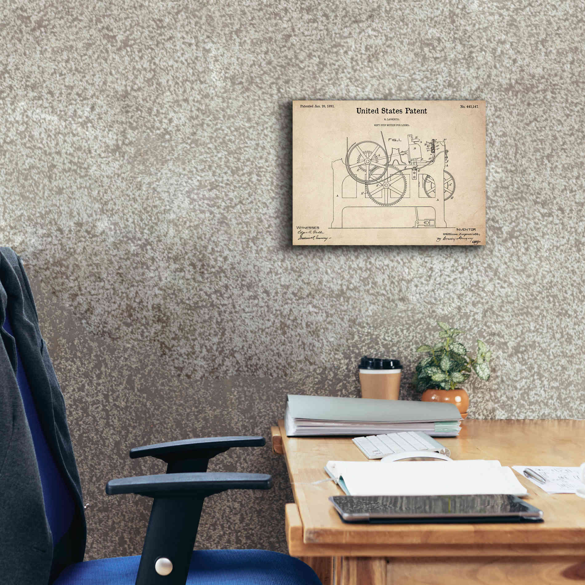 'Weft Stop Motion for Looms Blueprint Patent Parchment,' Canvas Wall Art,16 x 12