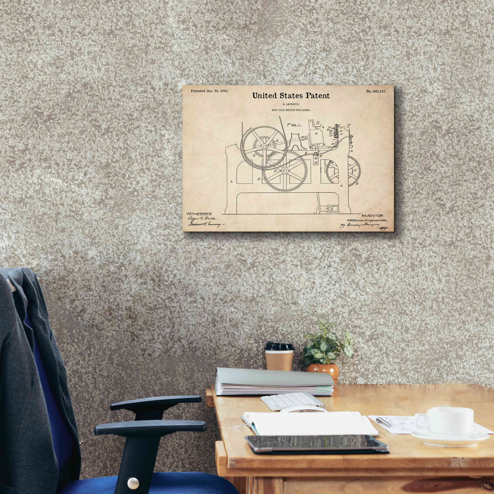 'Weft Stop Motion for Looms Blueprint Patent Parchment,' Canvas Wall Art,26 x 18