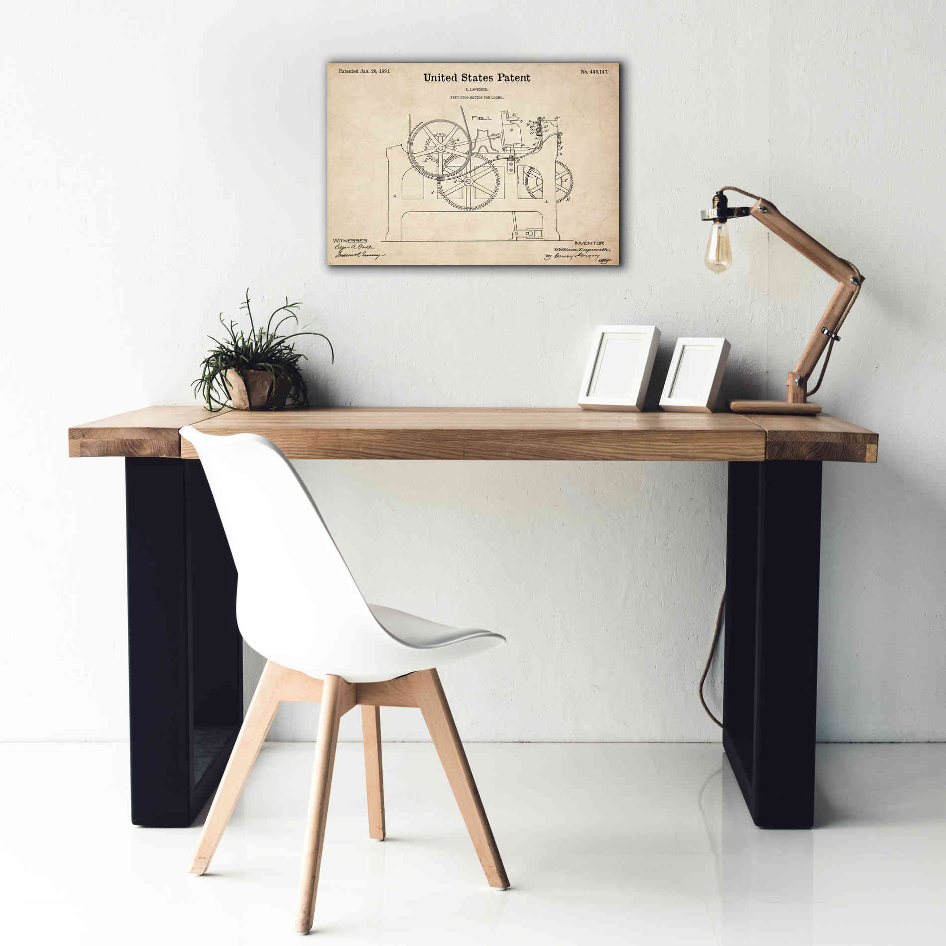 'Weft Stop Motion for Looms Blueprint Patent Parchment,' Canvas Wall Art,26 x 18