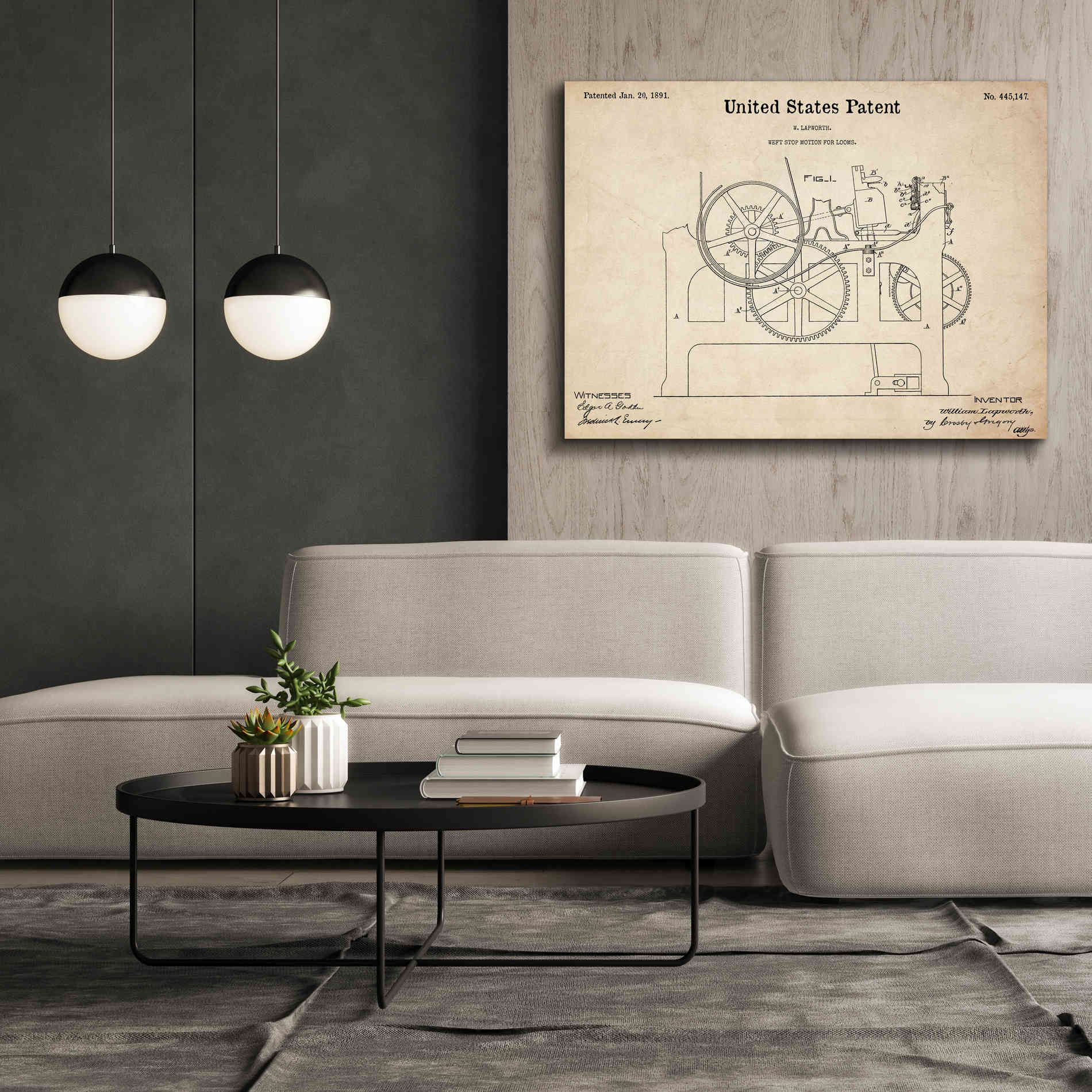 'Weft Stop Motion for Looms Blueprint Patent Parchment,' Canvas Wall Art,54 x 40