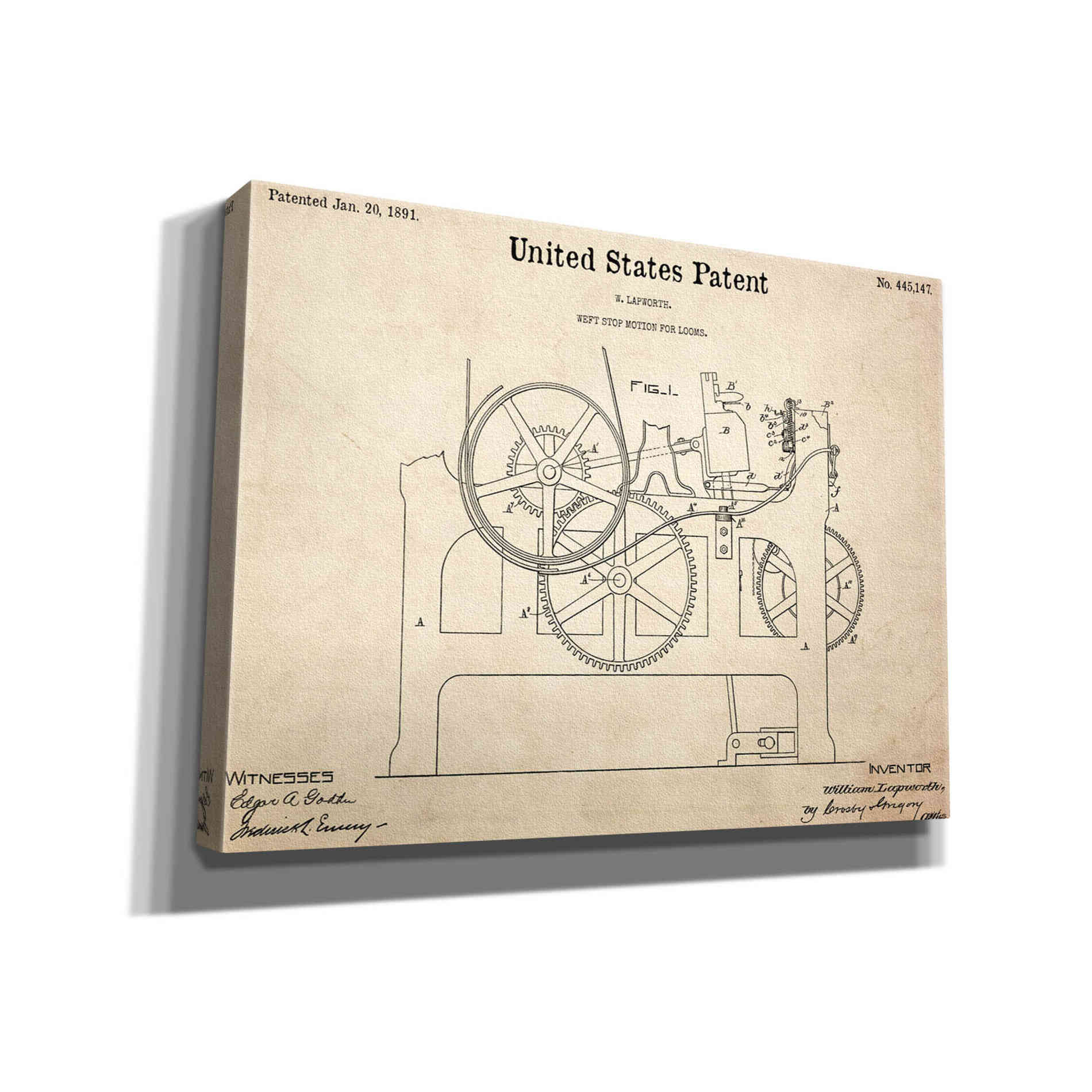 'Weft Stop Motion for Looms Blueprint Patent Parchment,' Canvas Wall Art,16x12x1.1x0,26x18x1.1x0,34x26x1.74x0,54x40x1.74x0