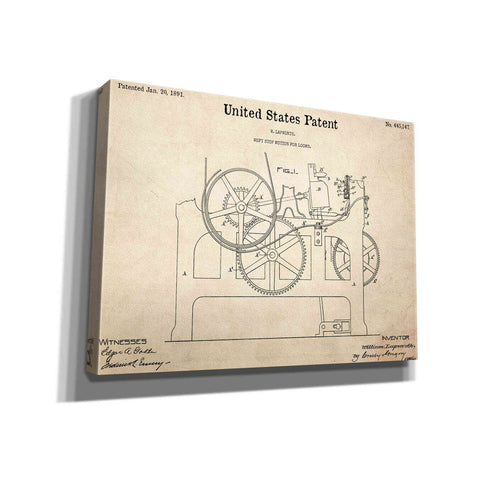 Image of 'Weft Stop Motion for Looms Blueprint Patent Parchment,' Canvas Wall Art,16x12x1.1x0,26x18x1.1x0,34x26x1.74x0,54x40x1.74x0