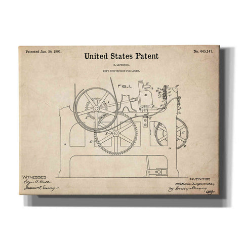 Image of 'Weft Stop Motion for Looms Blueprint Patent Parchment,' Canvas Wall Art,16x12x1.1x0,26x18x1.1x0,34x26x1.74x0,54x40x1.74x0