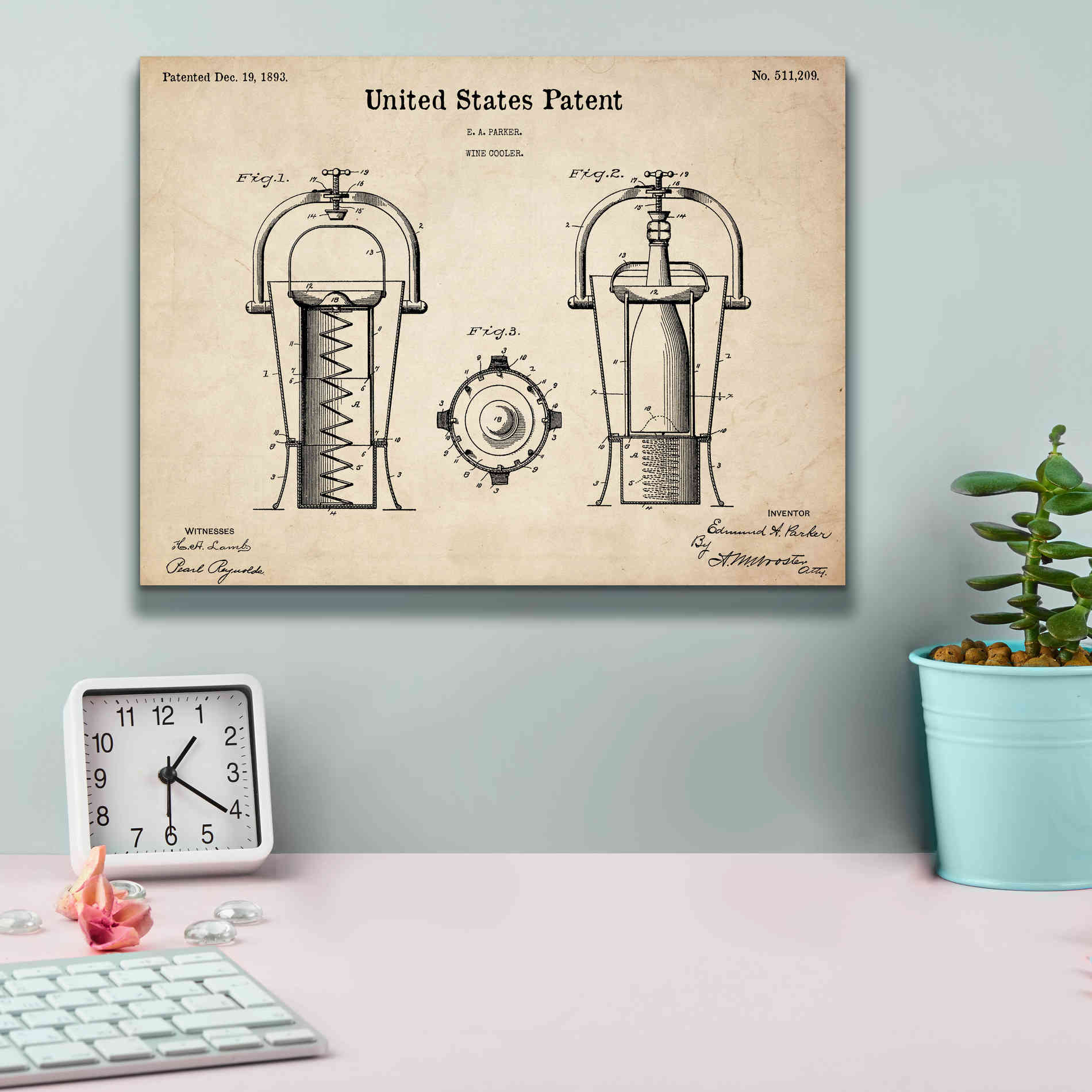 'Wine Cooler Blueprint Patent Parchment,' Canvas Wall Art,16 x 12