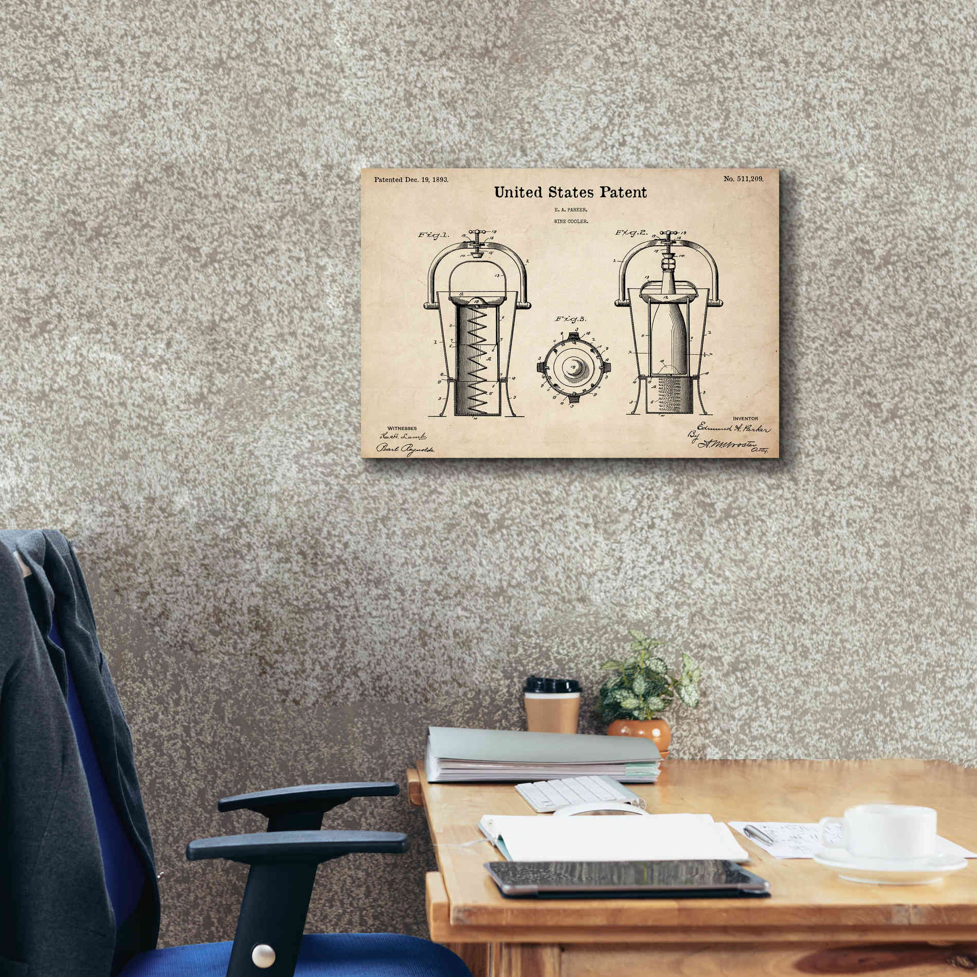 'Wine Cooler Blueprint Patent Parchment,' Canvas Wall Art,26 x 18