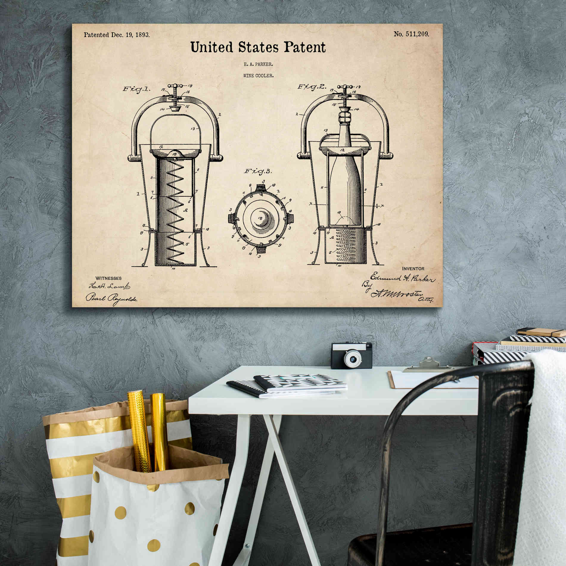 'Wine Cooler Blueprint Patent Parchment,' Canvas Wall Art,34 x 26