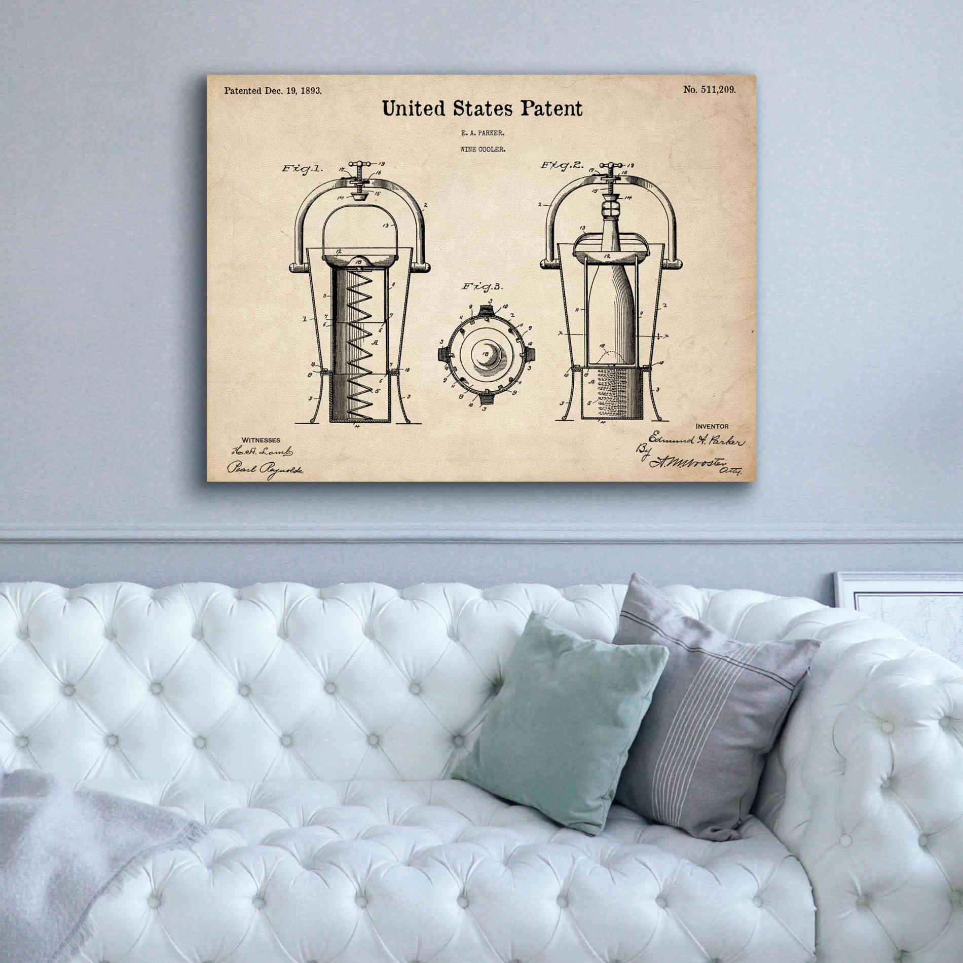 'Wine Cooler Blueprint Patent Parchment,' Canvas Wall Art,54 x 40