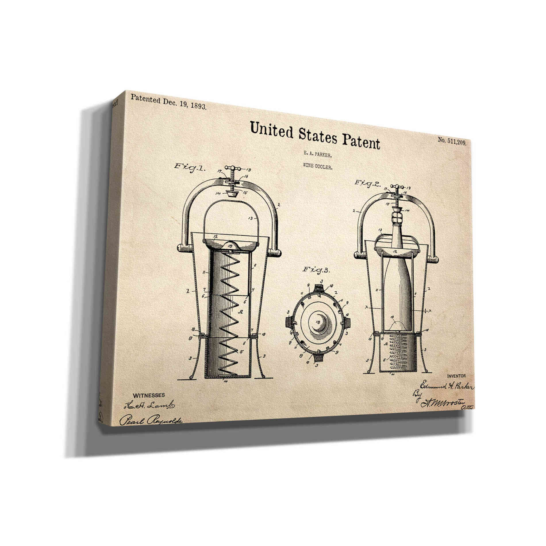 'Wine Cooler Blueprint Patent Parchment,' Canvas Wall Art,16x12x1.1x0,26x18x1.1x0,34x26x1.74x0,54x40x1.74x0