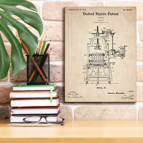 Image of 'Wine Press Blueprint Patent Parchment,' Canvas Wall Art,12 x 16