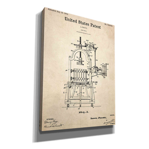 Image of 'Wine Press Blueprint Patent Parchment,' Canvas Wall Art,12x16x1.1x0,18x26x1.1x0,26x34x1.74x0,40x54x1.74x0