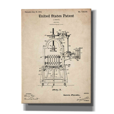 Image of 'Wine Press Blueprint Patent Parchment,' Canvas Wall Art,12x16x1.1x0,18x26x1.1x0,26x34x1.74x0,40x54x1.74x0