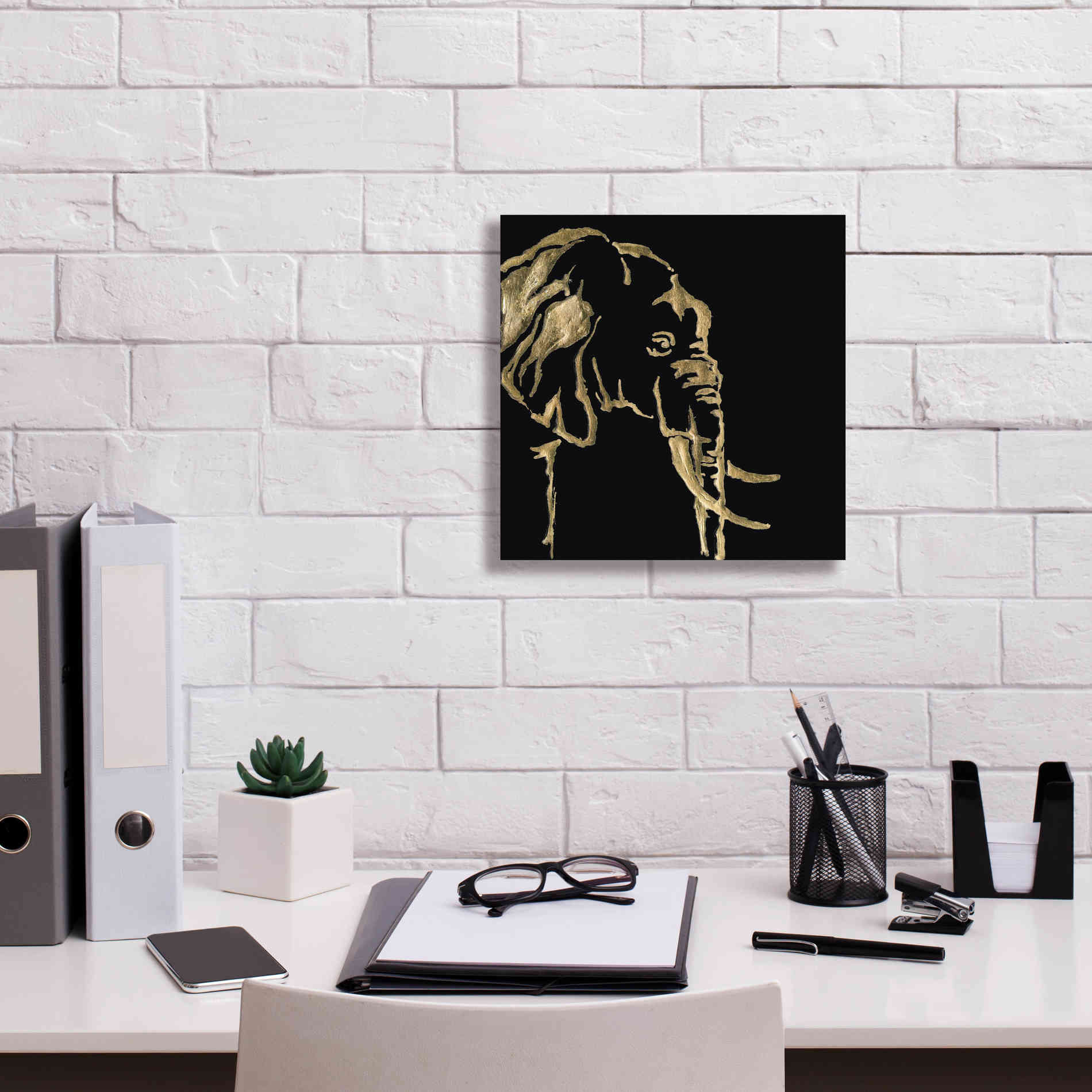 'Gilded Elephant on Black Pillow' by Chris Paschke, Canvas Wall Art,12 x 12