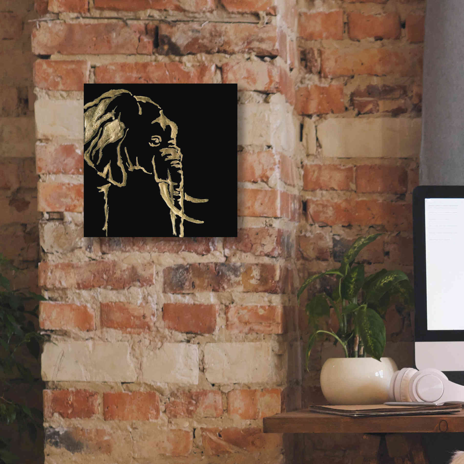 'Gilded Elephant on Black Pillow' by Chris Paschke, Canvas Wall Art,12 x 12