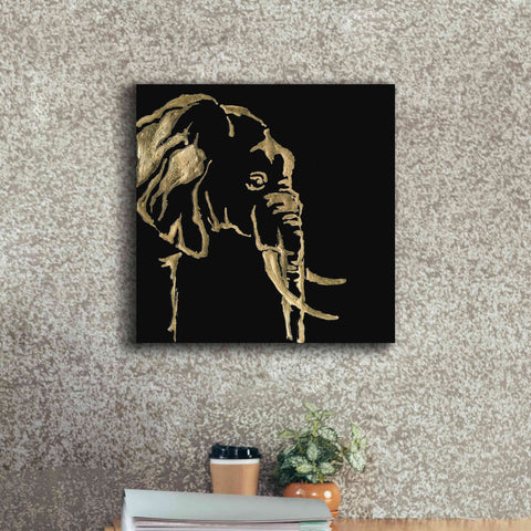 Image of 'Gilded Elephant on Black Pillow' by Chris Paschke, Canvas Wall Art,18 x 18